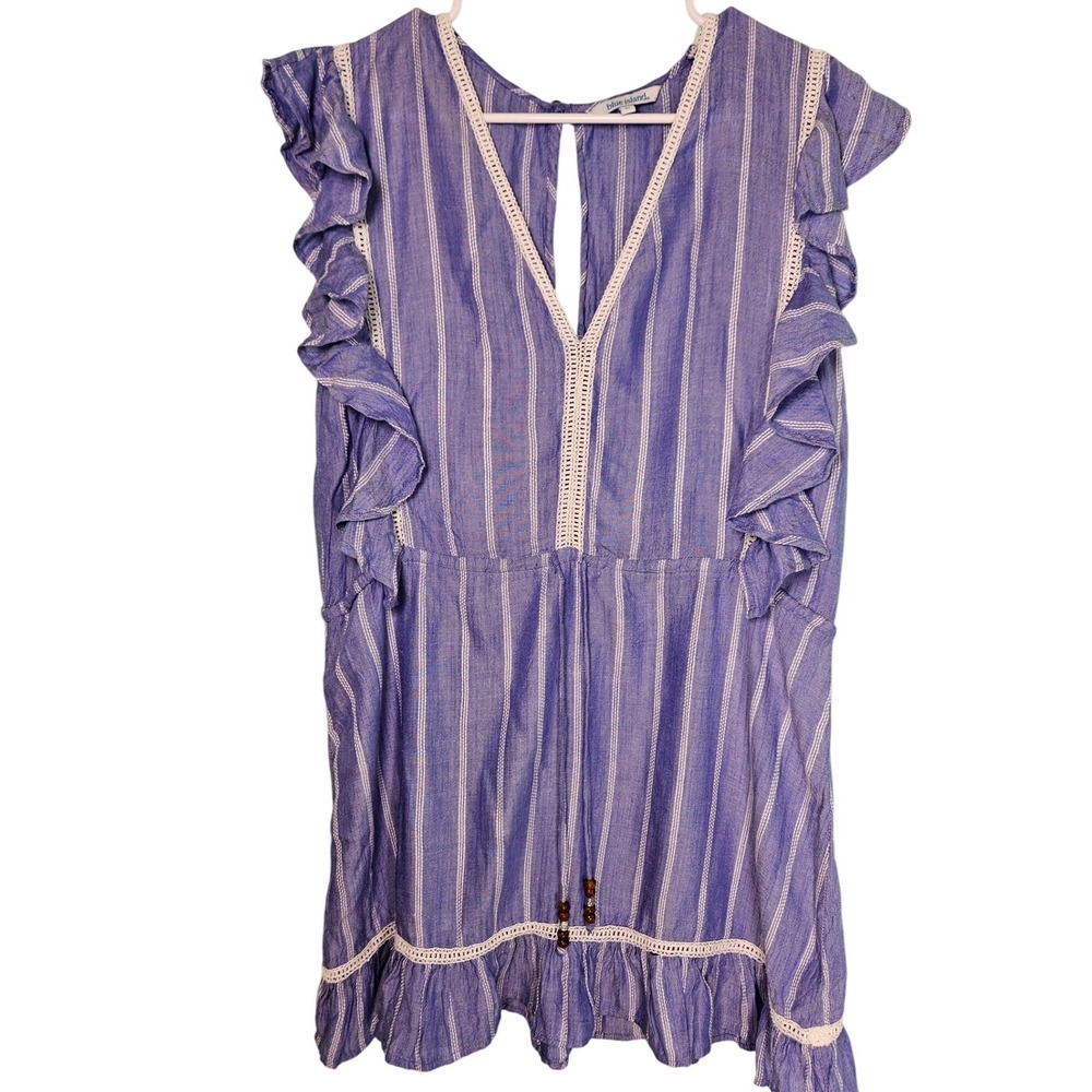 Blue Island Blue‎ White Striped Boho Crotchet Ruffle Sleeve Dress Medium Coastal